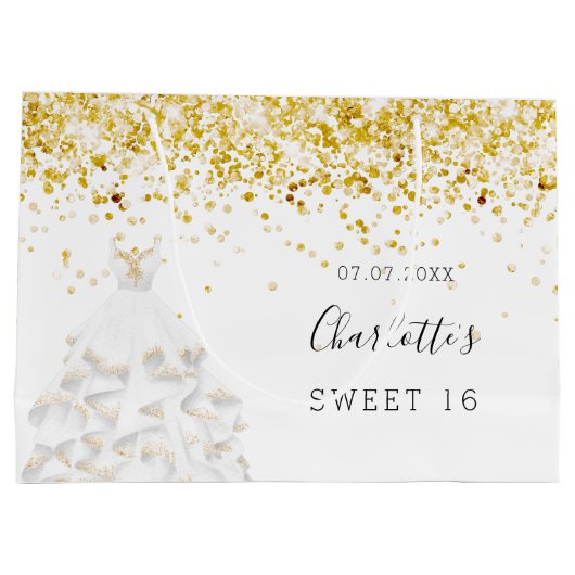 Zoete 16 witte goudglitter-jurk groot cadeauzakje (Achterkant)