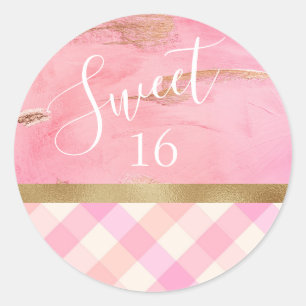 Zoete 16 Zestien Gold Pink Abstracte Waterverf Ronde Sticker