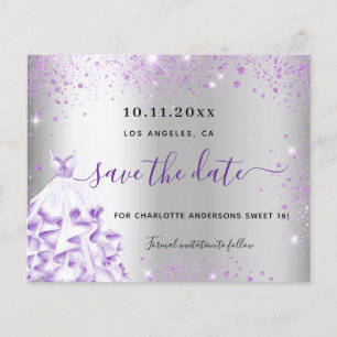 Zoete 16 zilver paarse jurk budget save the date flyer