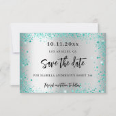Zoete 16 zilver turkoois groen glitters glamourus save the date (Voorkant)