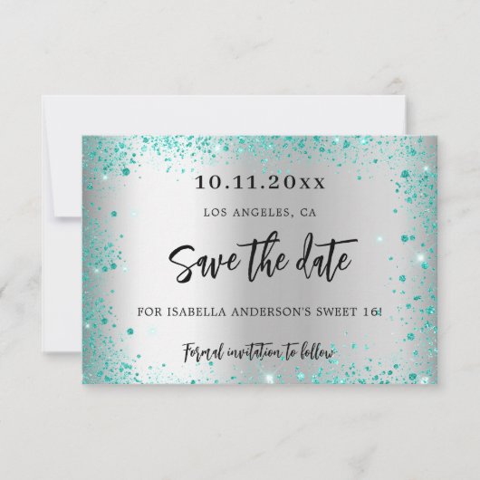 Zoete 16 zilver turkoois groen glitters glamourus save the date (Voorkant)