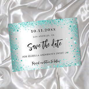 Zoete 16 zilver turkoois groen glitters glamourus save the date