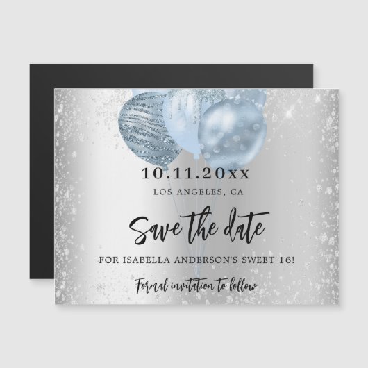 Zoete 16 zilverblauwe ballonnen magneet, met uitzo magnetische uitnodiging (Voorkant / Achterkant)