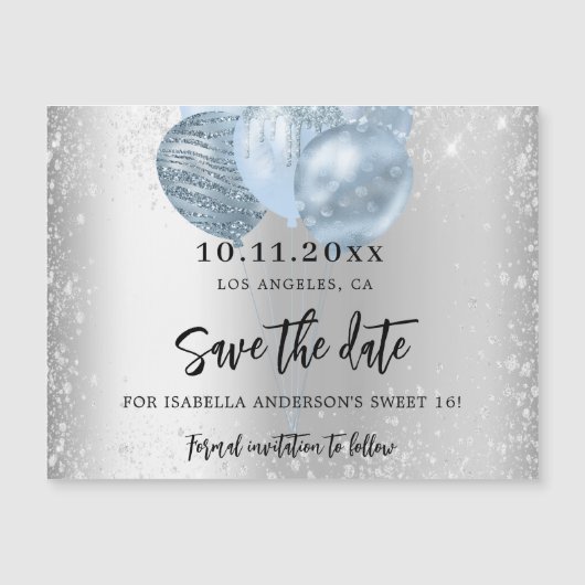 Zoete 16 zilverblauwe ballonnen magneet, met uitzo magnetische uitnodiging (Voorkant)