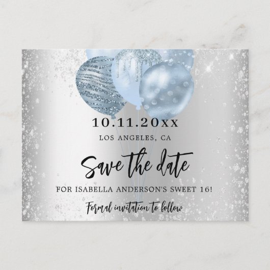 Zoete 16 zilverblauwe ballonnen, met uitzondering aankondigingskaart (Voorkant)