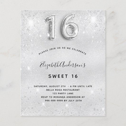 Zoete 16 zilverglitter-budgetuitnodiging flyer (Voorkant)