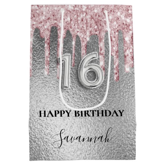 Zoete 16 zilverglitter druppelt roze monogram 16e medium cadeauzakje (Achterkant)