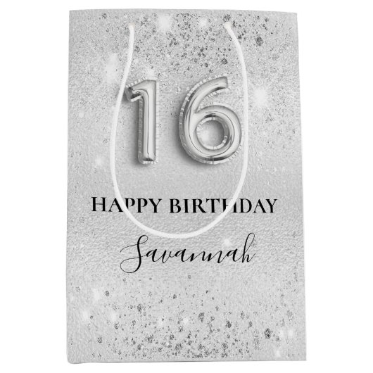 Zoete 16 zilverglitterstofmonogram verjaardag medium cadeauzakje (Voorkant)