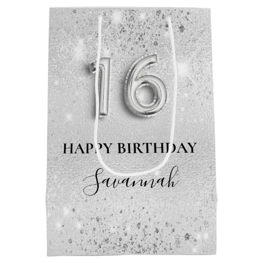 Zoete 16 zilverglitterstofmonogram verjaardag medium cadeauzakje (Achterkant)