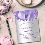 Zoete 16 zilverviolette glitterballonnen uitnodiging briefkaart<br><div class="desc">Een stijlvolle,  zilveren achtergrond. Ontkleurd met violet,  lavender gekleurde faux glitter en ballonnen. Geef een persoonlijke naam,  leeftijd en partijgegevens op en voeg deze toe. De naam wordt geschreven met een handgeschreven stijlmanuscript</div>