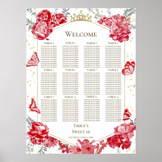 Zoete 16 zitplaatskaart bord rode vlinders poster (Voorkant)