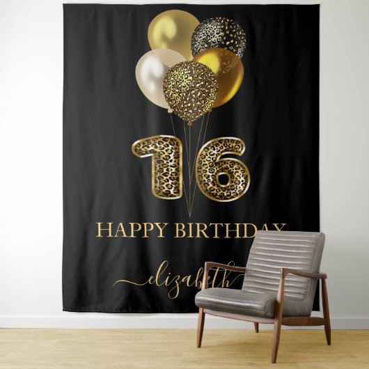 Zoete 16 zwart goud luipaardprint ballonnen wandkleed (In situ)