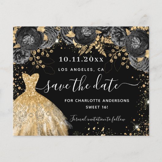 Zoete 16 zwarte gouden jurk budget save the date flyer (Voorkant)