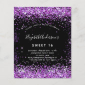 Zoete 16 zwarte paarse glitter budgetuitnodiging flyer (Voorkant)