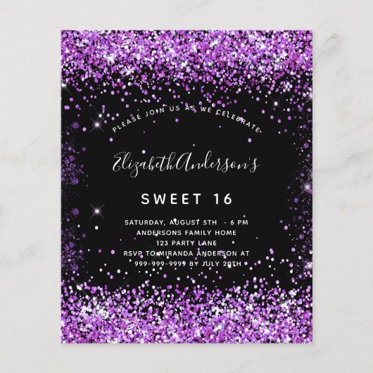 Zoete 16 zwarte paarse glitter budgetuitnodiging flyer (Voorkant)