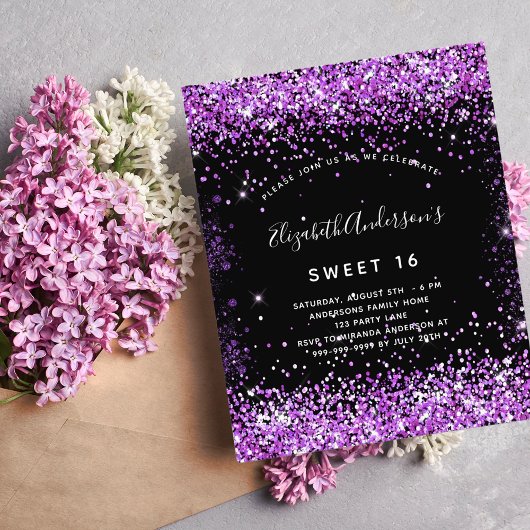 Zoete 16 zwarte paarse glitter budgetuitnodiging flyer