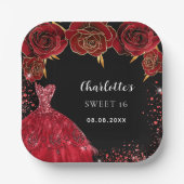 Zoete 16 zwarte rode jurk bloemen papieren bordje (Voorkant)