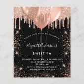 Zoete 16 zwarte roos goudglitter budgetuitnodiging flyer (Voorkant)