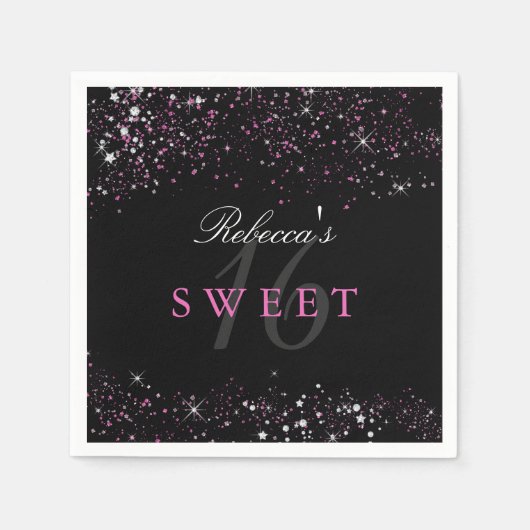 Zoete 16 Zwarte Roze Glitter Servetten (Voorkant)
