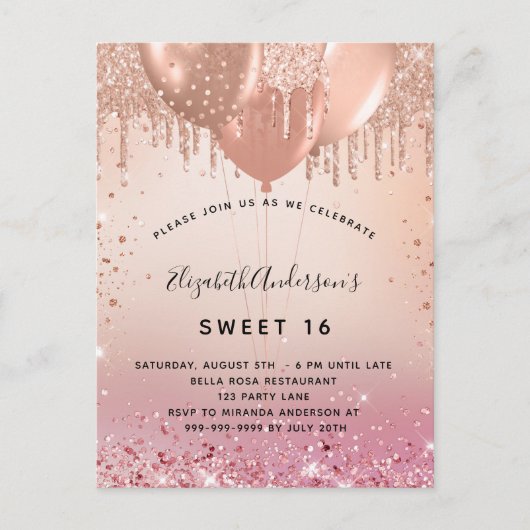 Zoete 16 zwarte roze roze gouden ballonnen uitnodiging briefkaart (Voorkant)