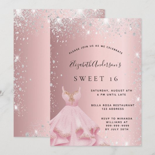 Zoete 16 zwarte roze zilveren glitterkleding kaart (Voorkant / Achterkant)