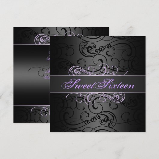 Zoete 16e Paars/Black Swirl Birthday Uitnodiging (Voorkant / Achterkant)