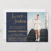 Zoete 16e verjaardag foto blauw en goud luxe kaart (Voorkant)