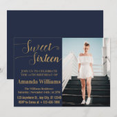 Zoete 16e verjaardag foto blauw en goud luxe kaart (Voorkant / Achterkant)