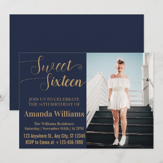 Zoete 16e verjaardag foto blauw en goud luxe kaart (Voorkant / Achterkant)