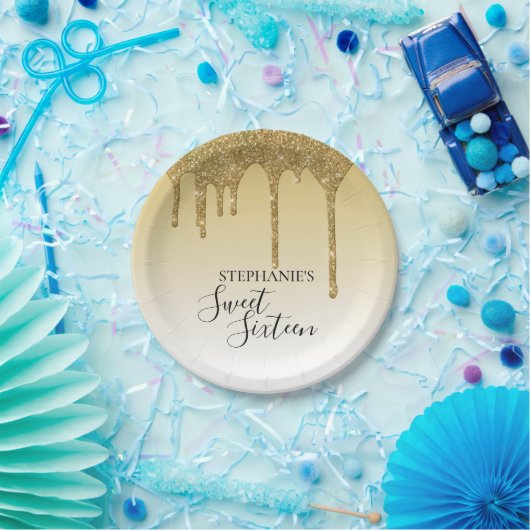 Zoete 16e zestien verjaardag gouden glitter papieren bordje (Feest)