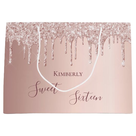 Zoete 16e zestiende 16-jarige roos goudglitter groot cadeauzakje (Voorkant)