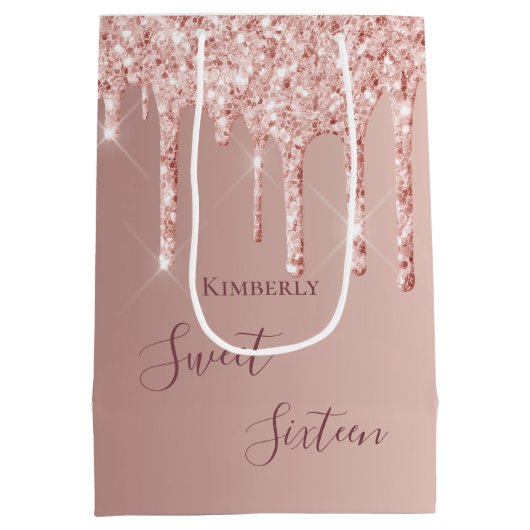 Zoete 16e zestiende 16-jarige roos goudglitter medium cadeauzakje (Achterkant)