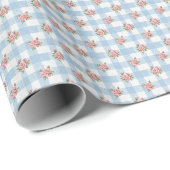 Zoete 50s Retro Rosebud Blauwe Ginghamruit Cadeaupapier (Rol Hoek)
