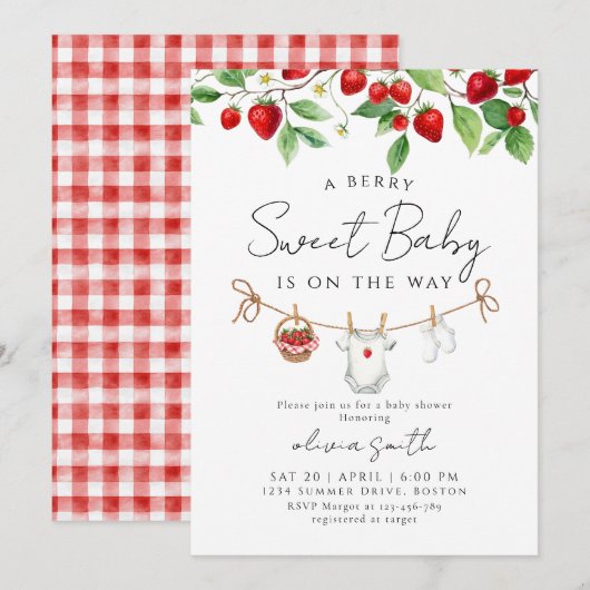 Zoete aardbei baby shower kaart (Voorkant / Achterkant)