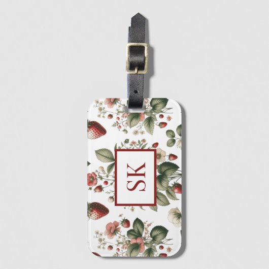 Zoete Aardbei & Bloemen Patroon Aangepast Monogram Bagagelabel (Voorkant (verticaal))