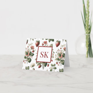 Zoete Aardbei & Bloemen Patroon Aangepast Monogram Bedankkaart