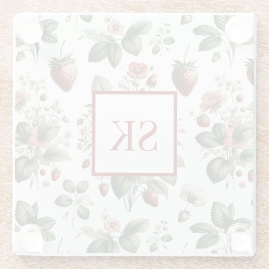 Zoete Aardbei & Bloemen Patroon Aangepast Monogram Glazen Onderzetter (Achterkant)