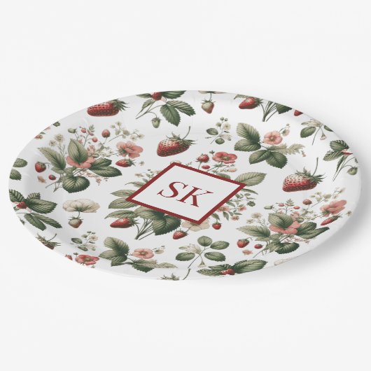 Zoete Aardbei & Bloemen Patroon Aangepast Monogram Papieren Bordje (Gekanteld)