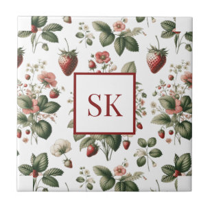 Zoete Aardbei & Bloemen Patroon Aangepast Monogram Tegeltje