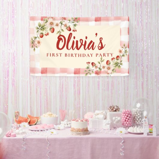 Zoete Aardbei Bloemige Verjaardagsfeest Banner (Feest)