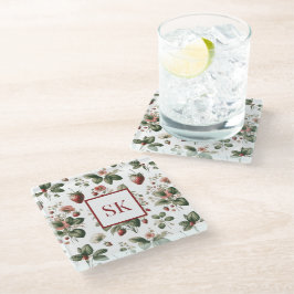 Zoete Aardbei & Bloemmotief Aangepaste Monogram Glazen Onderzetter