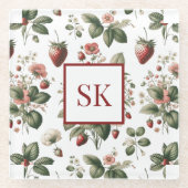 Zoete Aardbei & Bloemmotief Aangepaste Monogram Glazen Onderzetter (Voorkant)