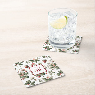 Zoete Aardbei & Bloemmotief Aangepaste Monogram Kartonnen Onderzetters