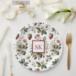 Zoete Aardbei & Bloemmotief Aangepaste Monogram Papieren Bordje