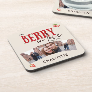 Zoete Aardbei Koppel Foto Rode Tekst Ontwerp Type Bier Onderzetter
