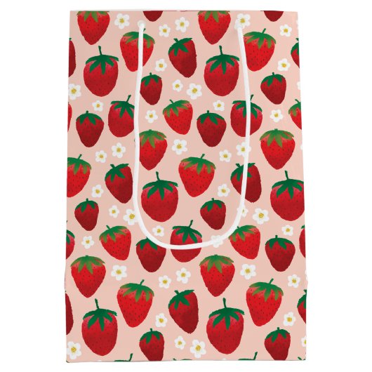 Zoete Aardbei op Roos Roze Patroon Medium Cadeauzakje (Achterkant)
