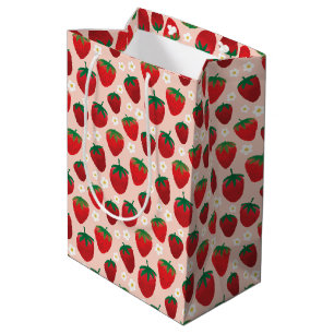 Zoete Aardbei op Roos Roze Patroon Medium Cadeauzakje
