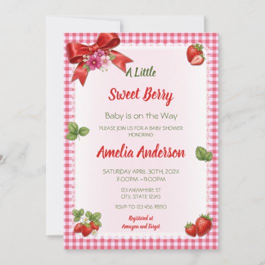 Zoete Aardbei Picknick Gingham Baby Shower Kaart (Voorkant)
