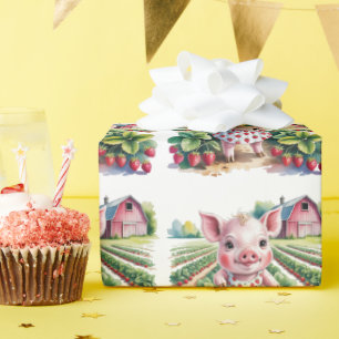 Zoete Aardbeiboerderij Varkensmeisje 1e verjaardag Cadeaupapier