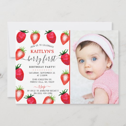 Zoete aardbeien bessen eerste 1e verjaardag foto kaart (Voorkant)
